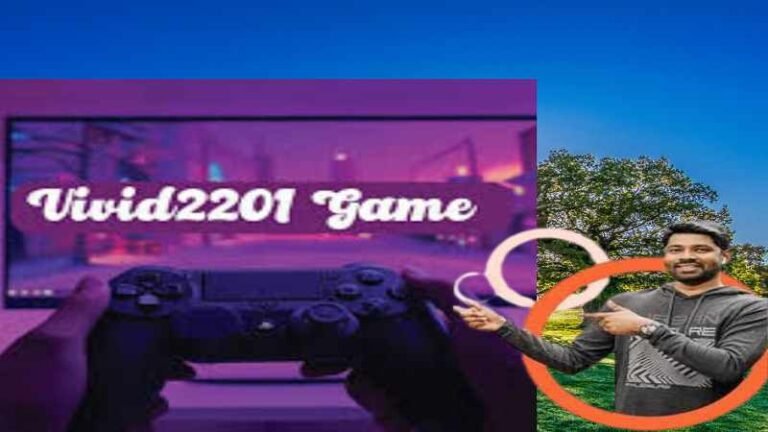 “Vivid2201 Game logo with gamer holding controller and man pointing toward the title, promoting the Vivid2201 gaming experience”