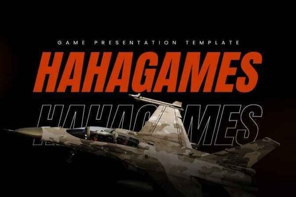 Hahagames game presentation banner featuring a military jet, highlighting action-packed online gaming