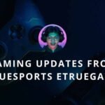 Gaming updates banner with neon lighting, controller background, and a gamer wearing headphones representing eTrueSports eTrueGames