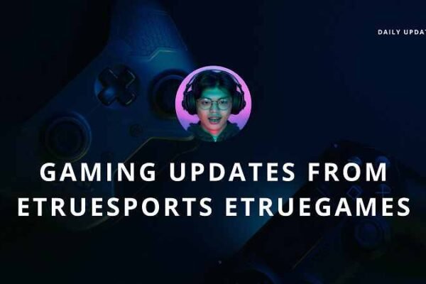 Gaming updates banner with neon lighting, controller background, and a gamer wearing headphones representing eTrueSports eTrueGames