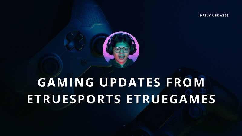 Gaming updates banner with neon lighting, controller background, and a gamer wearing headphones representing eTrueSports eTrueGames
